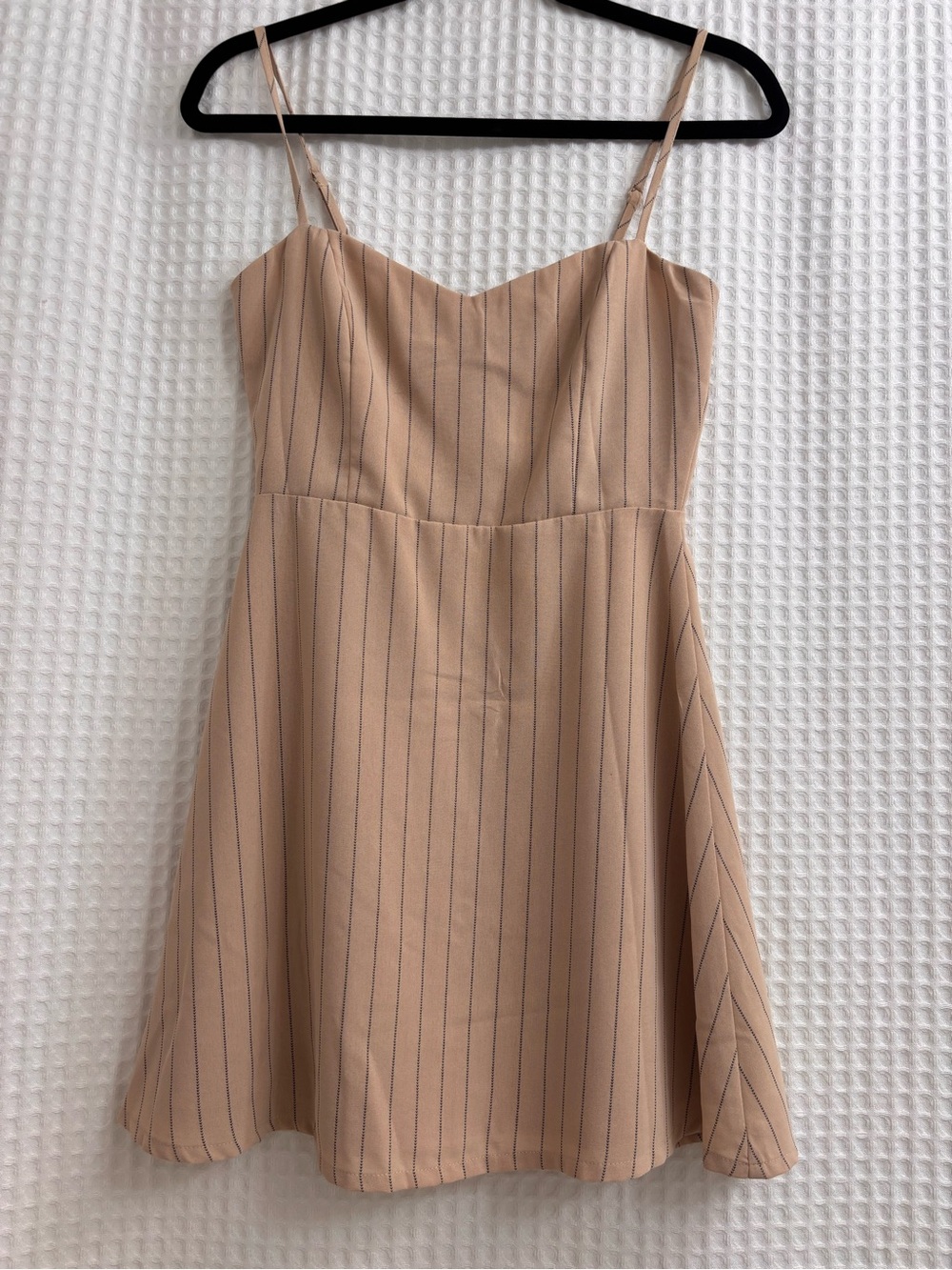 superdown Beige Pinstripe Spaghetti-Strap Mini Dress